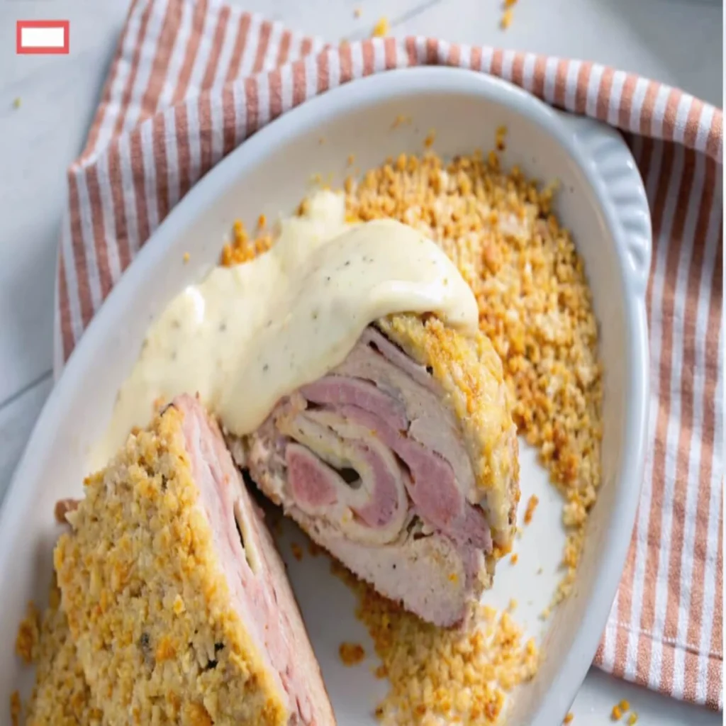 Sliced chicken cordon bleu meatloaf topped with creamy sauce on a white plate with breadcrumbs