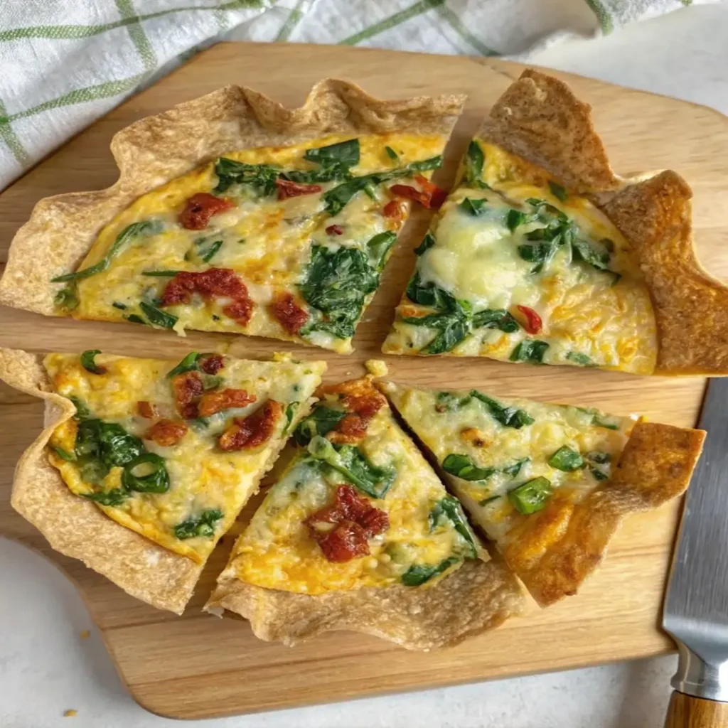 Close-up of tortilla quiche sliced into four wedges on a wooden board