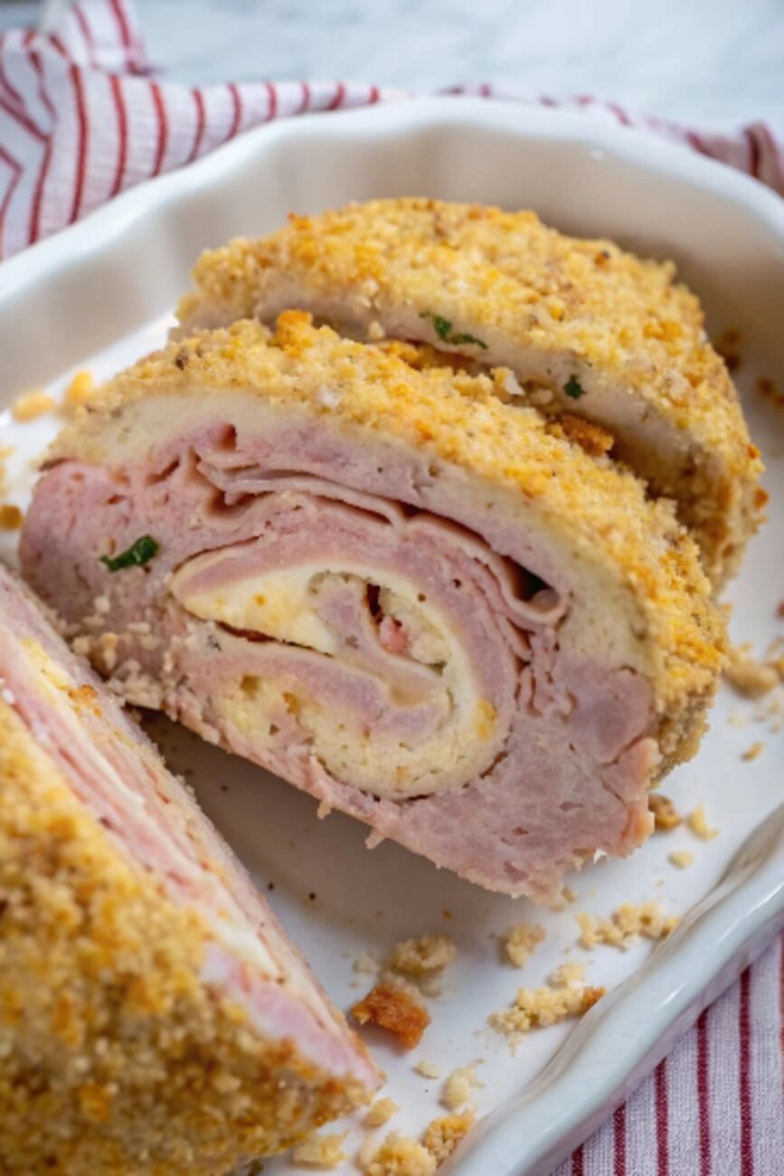 Cross-section of chicken cordon bleu meatloaf showing spiral layers of ham and cheese
