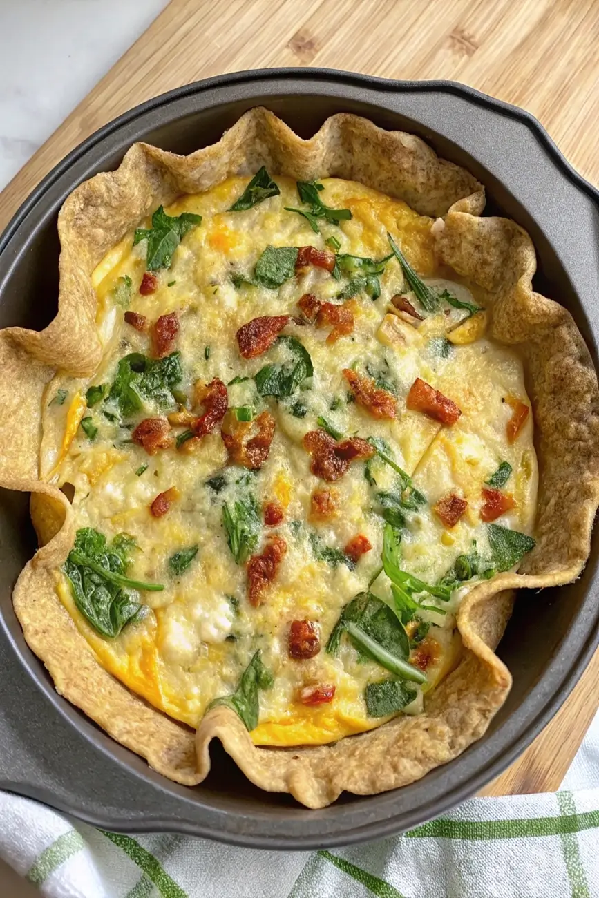 Overhead shot of a whole tortilla quiche with spinach and cheese in a baking pan