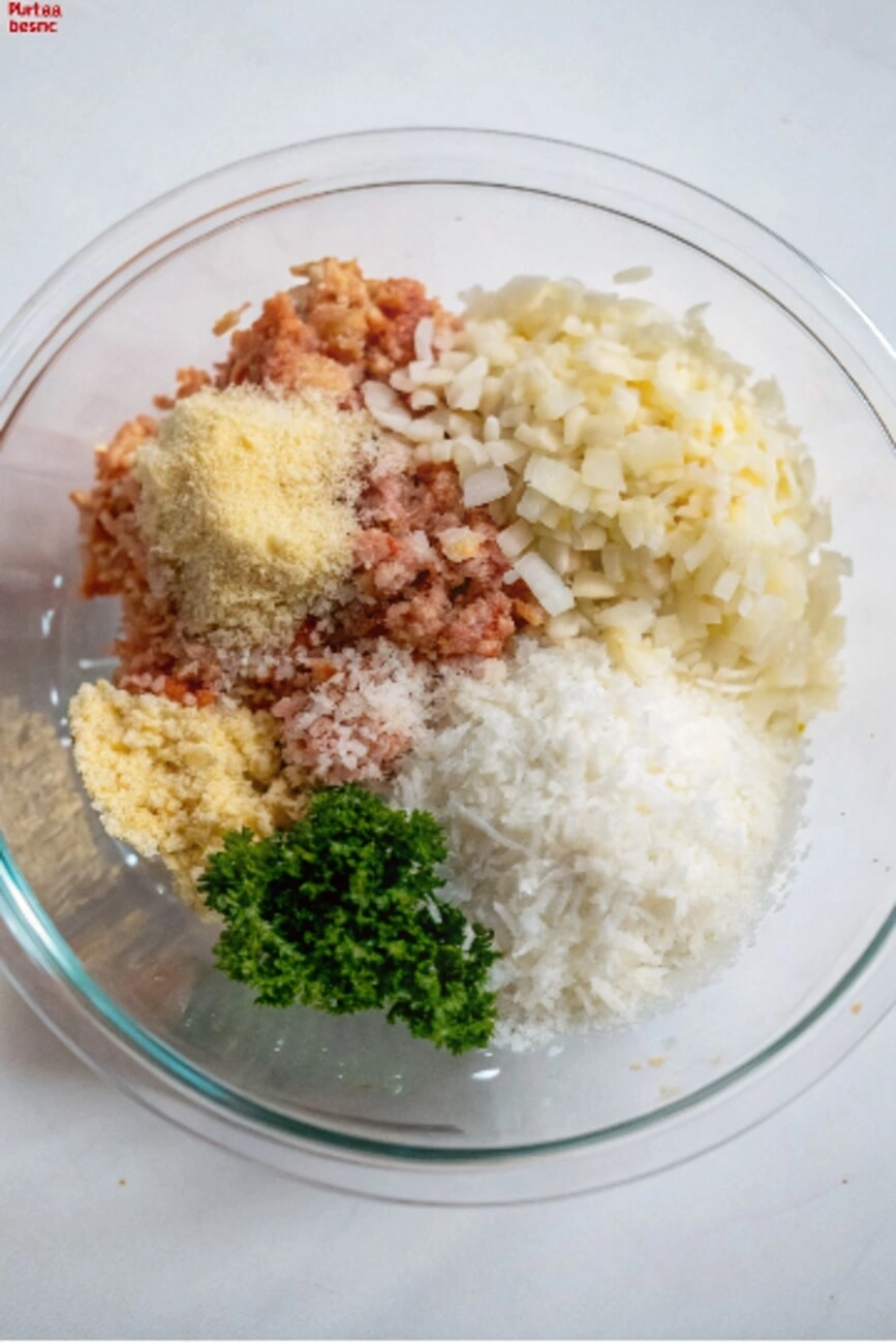 Bowl of ground chicken, chopped onion, mustard, parsley, garlic, cheese, and breadcrumbs