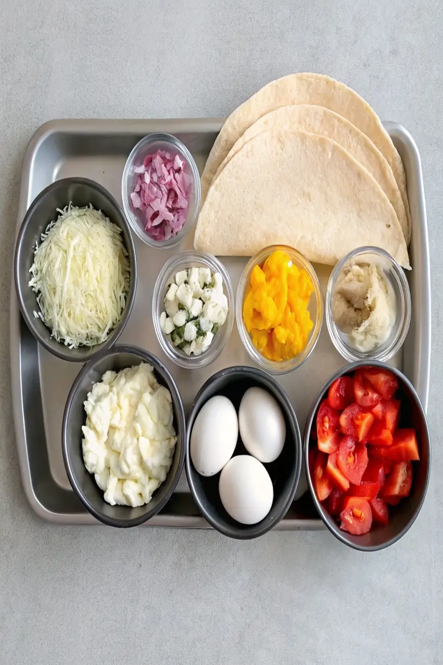 Top view of eggs, vegetables, tortillas, and cheese on a baking tray