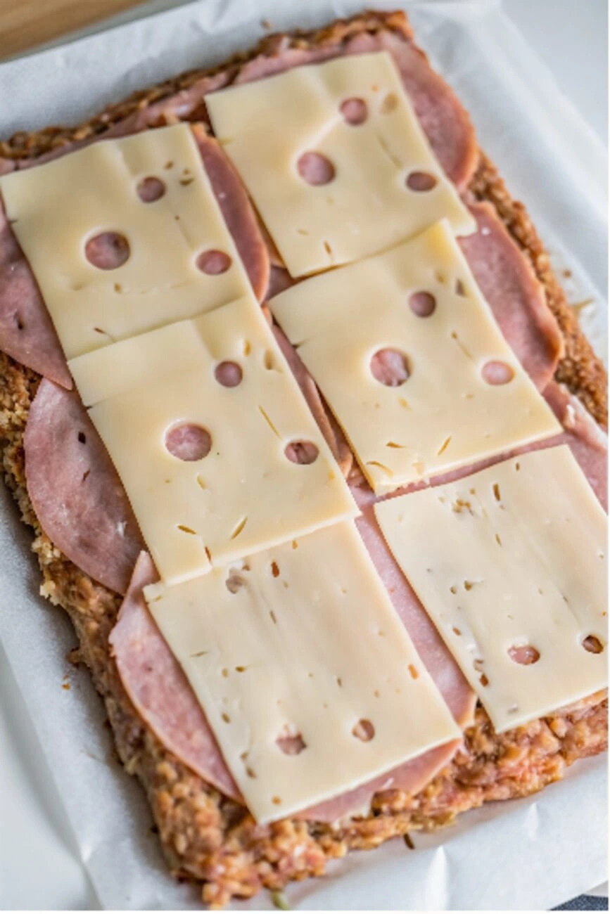 Ham and Swiss cheese slices arranged on top of raw ground chicken mixture