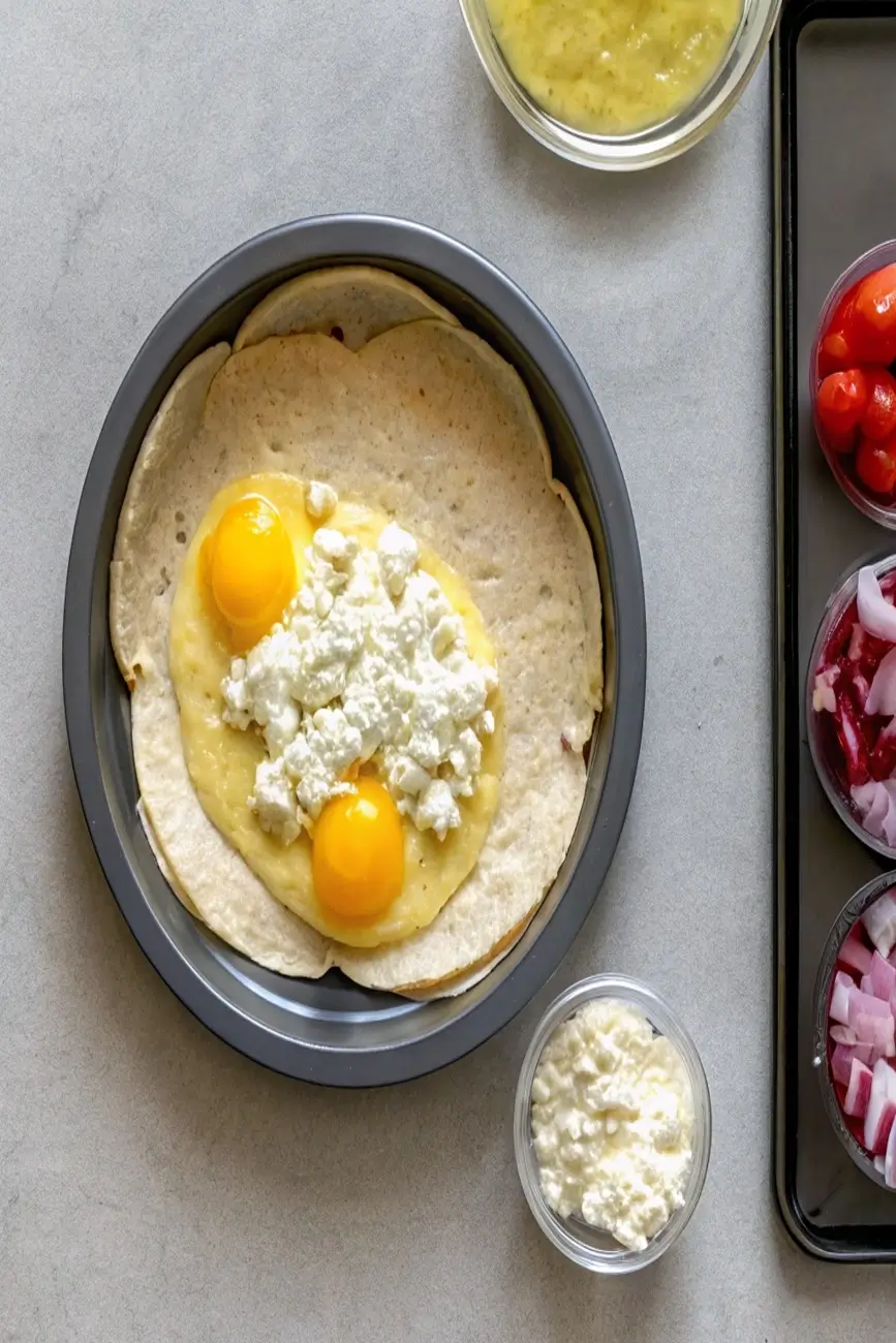 Overhead of raw tortilla quiche filled with eggs, herbs, and cottage cheese