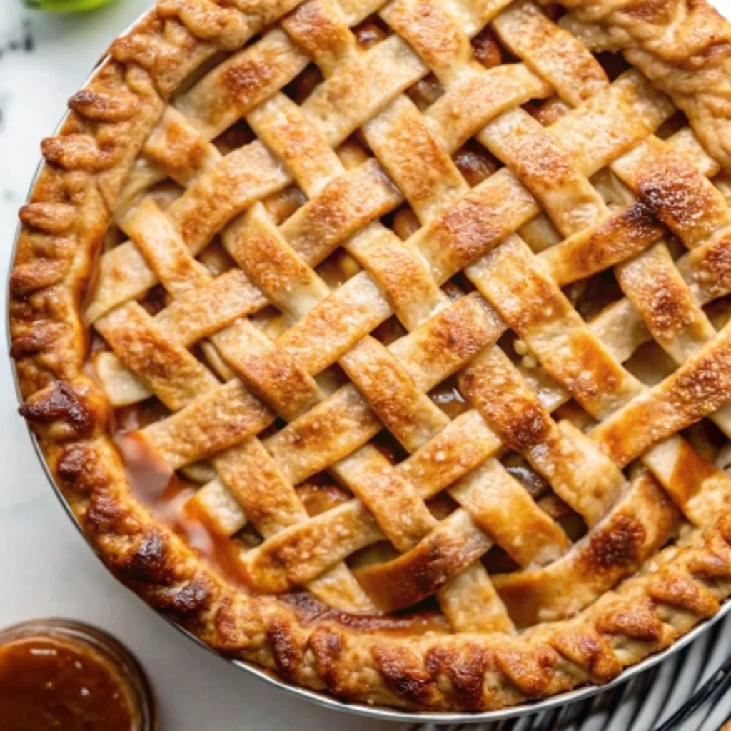 Overhead view of a baked caramel apple pie with a golden lattice crust and sugar crystals