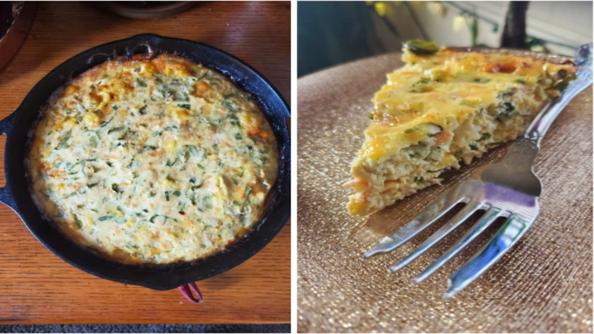 Crustless vegetable quiche in cast iron skillet with a plated slice beside a fork.