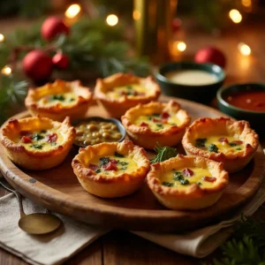 Platter of Costco mini quiches with golden flaky crusts displayed on a rustic wooden table, surrounded by dipping sauces, napkins, and festive decorations