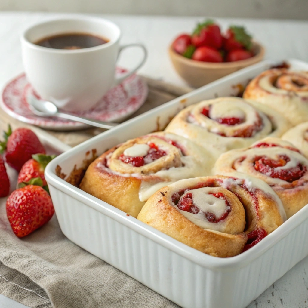 Freshly baked strawberry cinnamon rolls with cream cheese frosting being drizzled over the top.