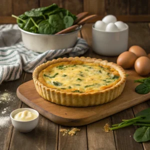 "A quiche with a soggy, undercooked bottom crust and a sunken filling, displayed on a baking tray with baking tools like a whisk, mixing bowl, and parchment paper nearby.