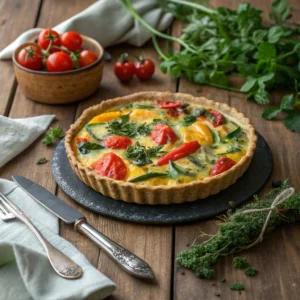 A homemade quiche with a zucchini crust, topped with colorful vegetables and melted cheese, served on a rustic wooden table with fresh herbs and utensils.