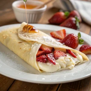 Cream cheese filling spread on a folded crepe garnished with strawberries and honey.