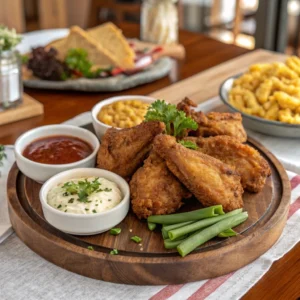 Plated fried turkey wings with dipping sauces and sides.