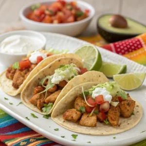 Spicy diced chicken tacos with toppings and lime wedges