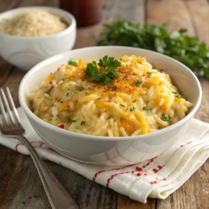 Creamy cheesy rice garnished with parsley and paprika in a bowl.