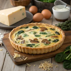 A freshly baked classic quiche with a golden crust, creamy filling, and visible spinach, mushrooms, and melted Gruyère cheese, placed on a rustic table surrounded by fresh ingredients like eggs, cheese, and herbs.