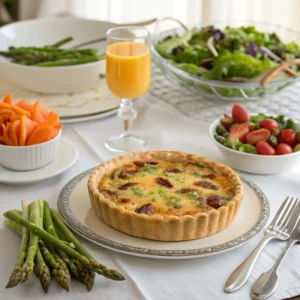 A sausage quiche surrounded by fresh green salad, roasted asparagus and carrots, and a vibrant fruit salad, served on a bright brunch table with a glass of orange juice in the background