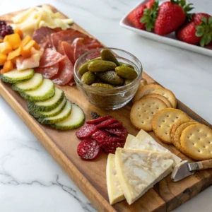 Charcuterie board with sweet and spicy pickles, meats, cheese, and crackers.