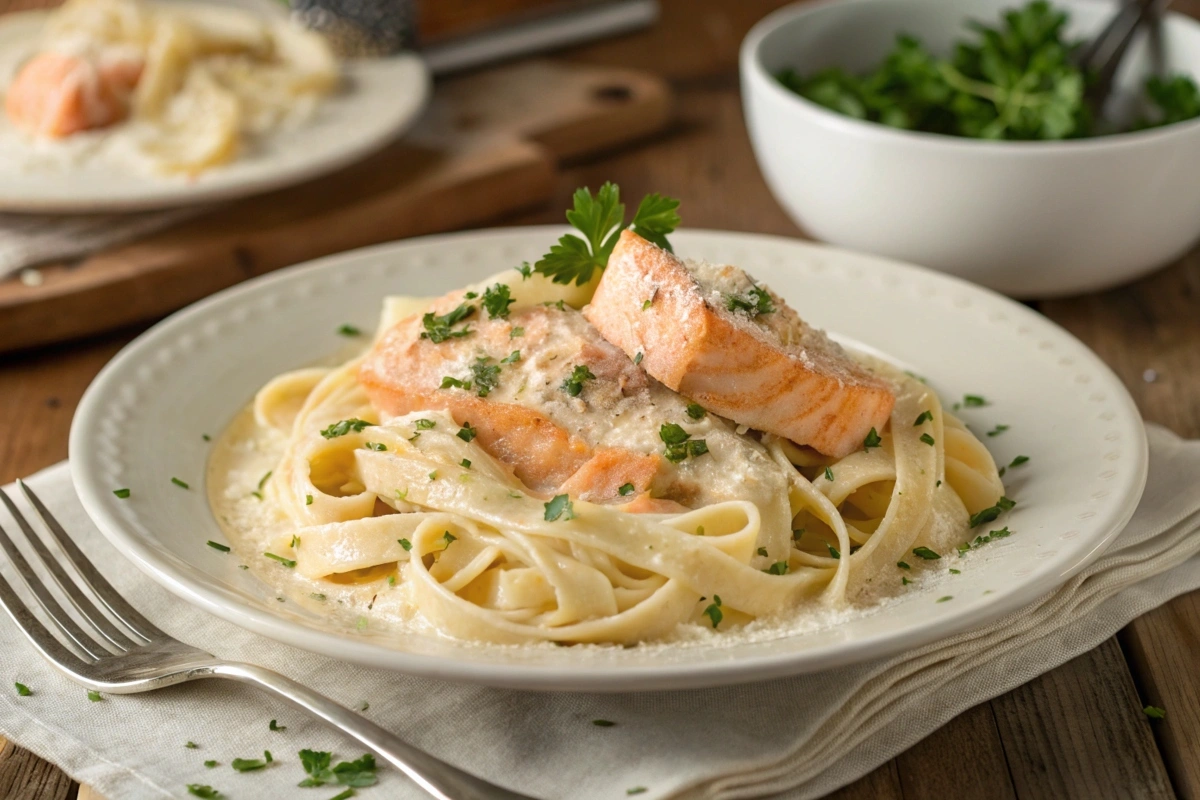 Creamy Salmon Alfredo pasta garnished with parsley and Parmesan.