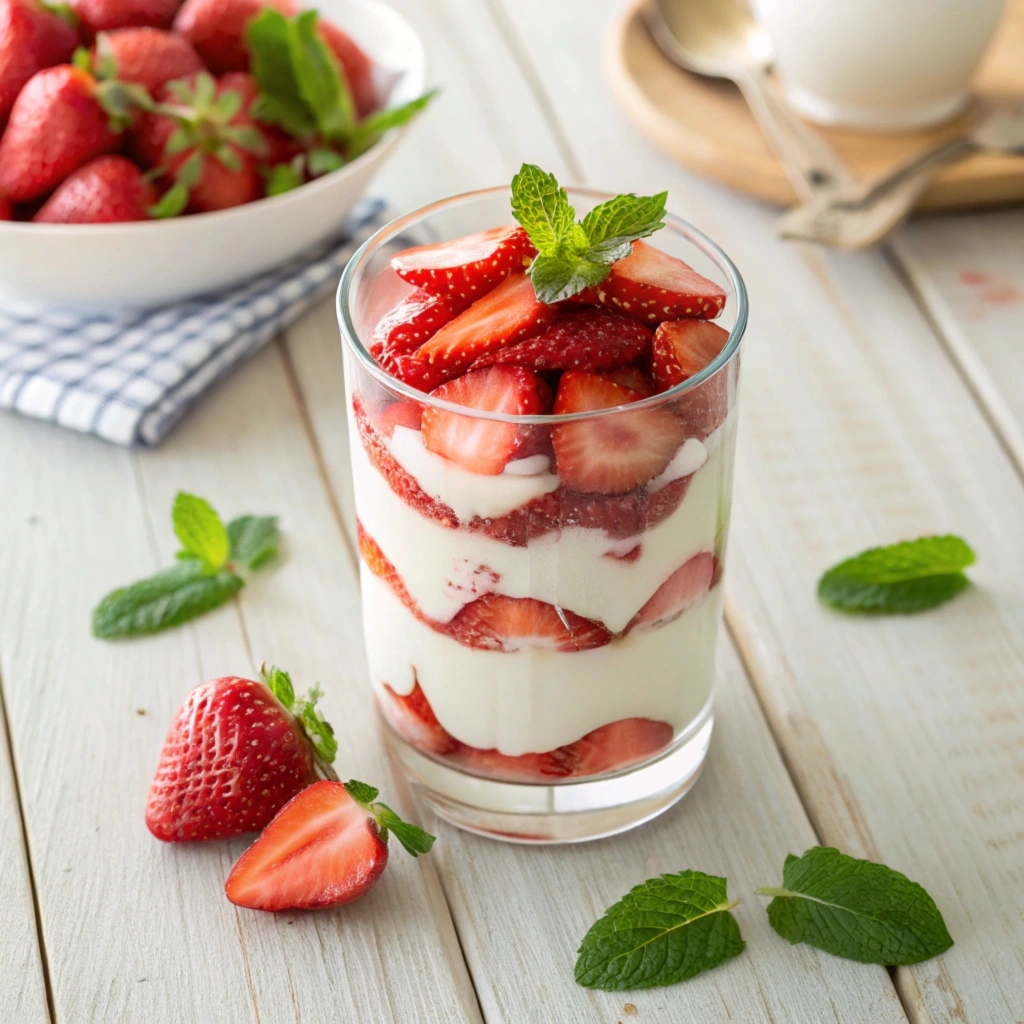 Layered strawberries and cream served in a clear glass