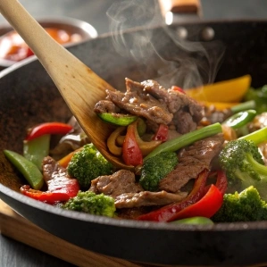 Beef stir-fried with garlic sauce and vegetables in a steaming wok.