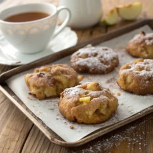 Freshly baked apple fritters resting on a tray with powdered sugar.