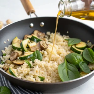 Cauliflower rice with zucchini, mushrooms, and spinach being sautéed in a non-stick pan." Cauliflower rice with zucchini, mushrooms, and spinach being sautéed in a non-stick pan