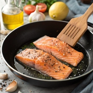 Salmon fillets being pan-seared in a skillet with seasonings.