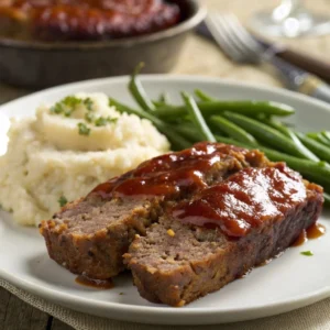 A tender slice of meatloaf served with mashed potatoes and green beans.