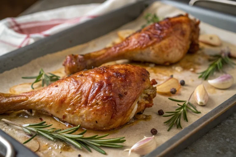 Oven-baked turkey legs with golden, crispy skin and herbs.