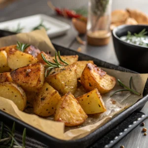 Golden roasted potatoes with crispy exteriors, seasoned with rosemary and black pepper, displayed on a black tray lined with parchment paper.