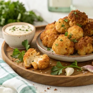 Golden crispy breaded cauliflower served with dipping sauce.