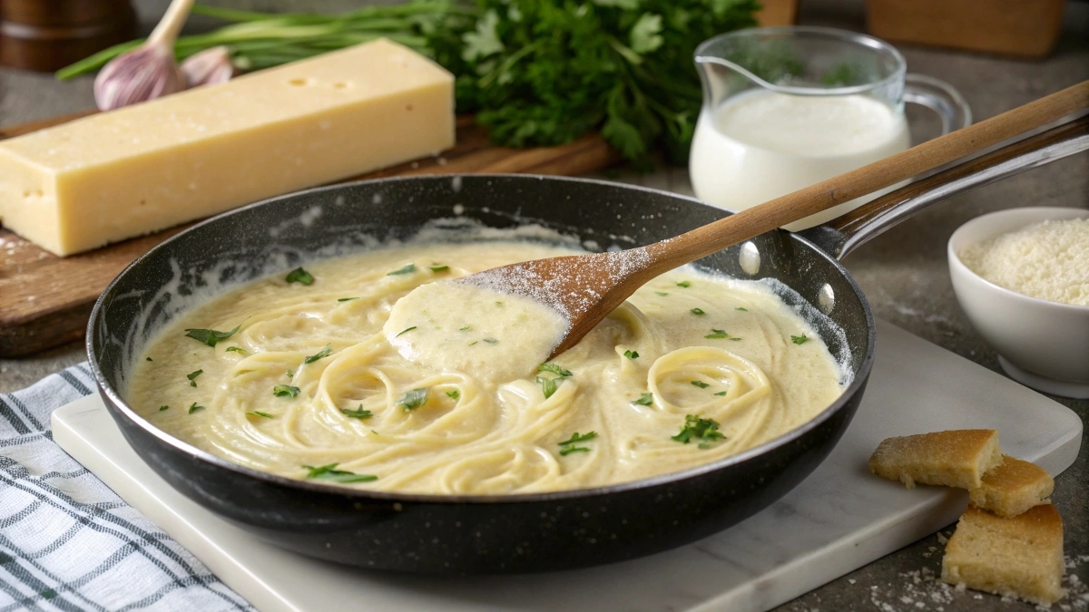 Creamy Alfredo sauce being stirred in a saucepan on the stove.