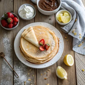 A stack of golden crepes on a plate with toppings like strawberries, Nutella, and whipped cream on a wooden table.