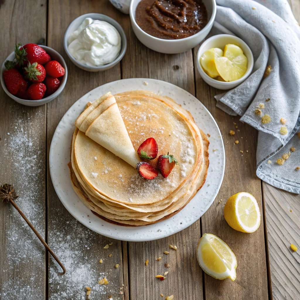 A stack of golden crepes on a plate with toppings like strawberries, Nutella, and whipped cream on a wooden table.