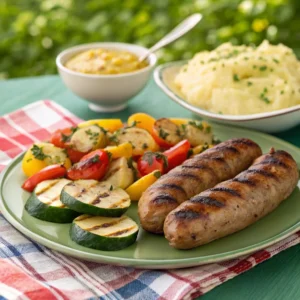 Grilled beef sausages with roasted vegetables and mashed potatoes.