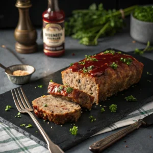 "Artistic presentation of a glazed meatloaf on a dark slate platter, garnished with fresh parsley, with vintage kitchen tools and a McCormick seasoning jar in the background." 