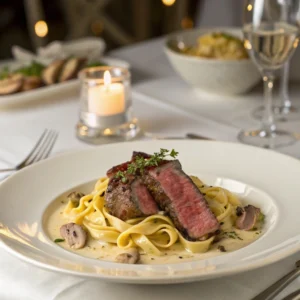 Steak and tagliatelle with mushroom sauce on an elegant dining table. 