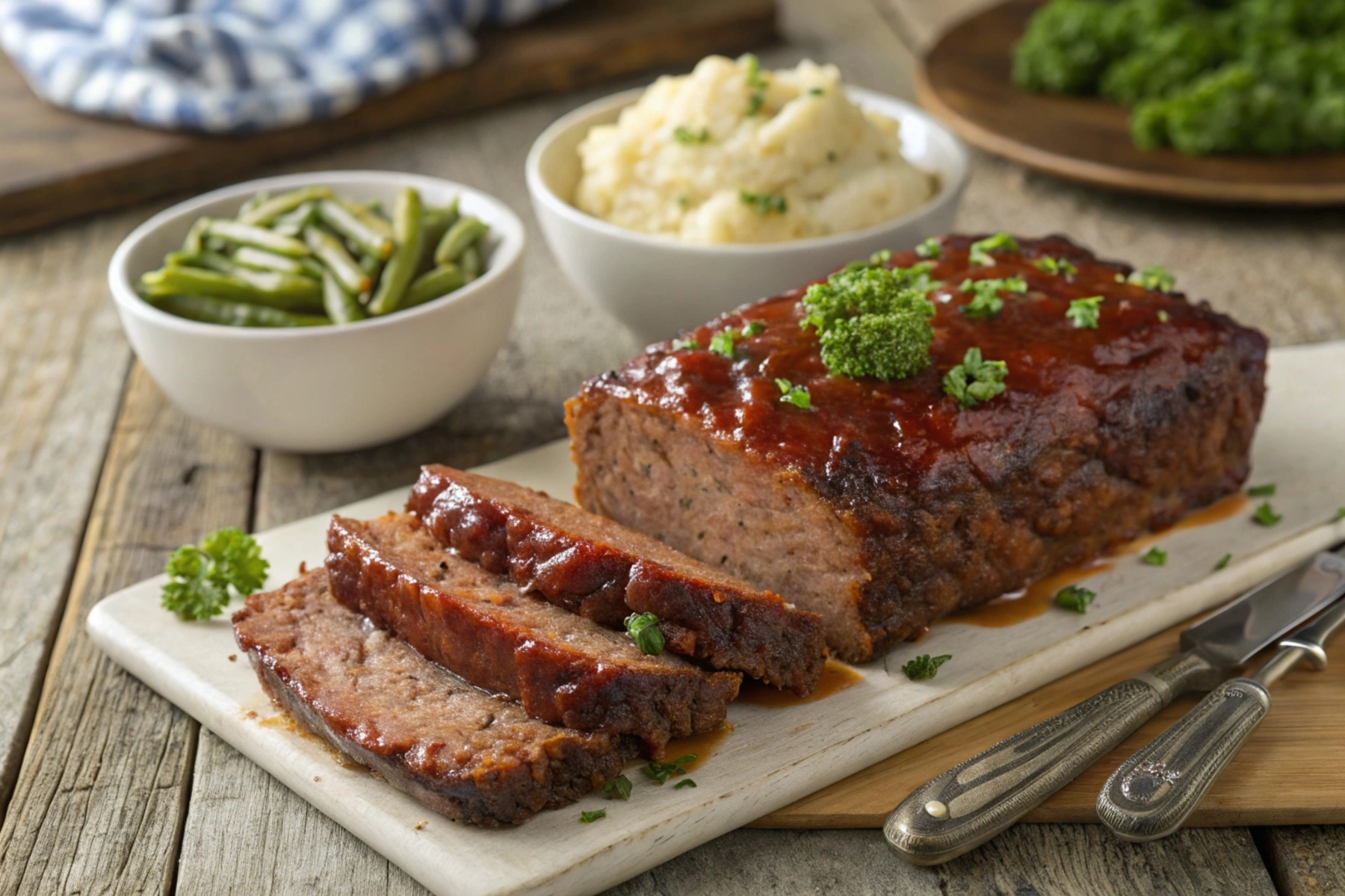 Barbecue meatloaf sliced on a wooden table with a caramelized barbecue glaze, garnished with fresh parsley. Classic sides like mashed potatoes, green beans, and cornbread surround the dish