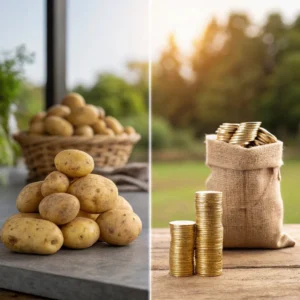 A split-screen image showing small potatoes on one side and a metaphorical comparison of tiny potatoes next to a stack of gold coins on the other.