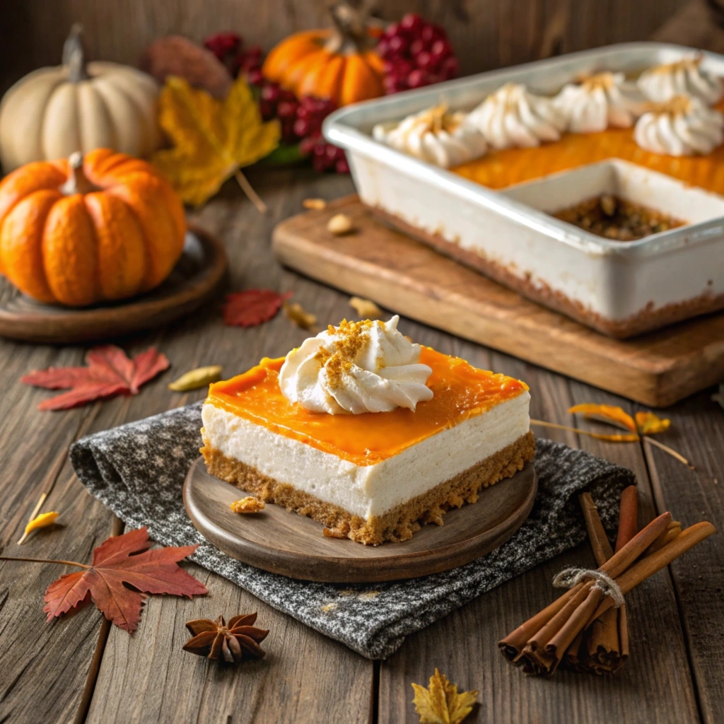 Pumpkin Delight dessert with autumn decorations on a rustic table.