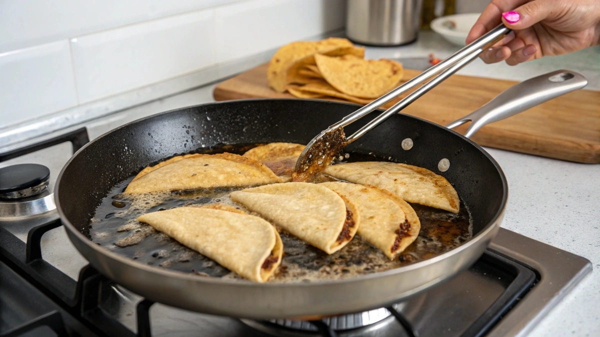 A cook frying crispy tacos in a skillet with hot oil, using tongs to turn the golden tortillas.