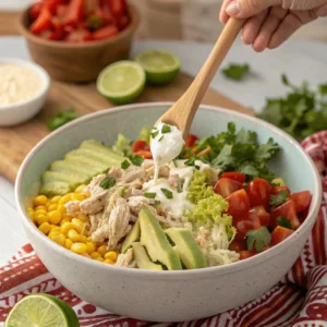 A large bowl of Mexican chicken salad being mixed with fresh vegetables, chicken, and creamy dressing, garnished with lime and cilantro.