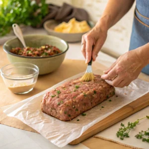 Hands shaping a deer meatloaf mixture into a loaf with ingredients and glaze in the background