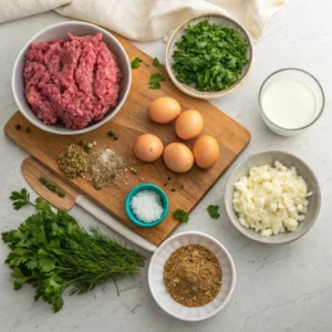 Ingredients for deer meatloaf, including ground venison, breadcrumbs, eggs, onions, garlic, and herbs on a kitchen countertop