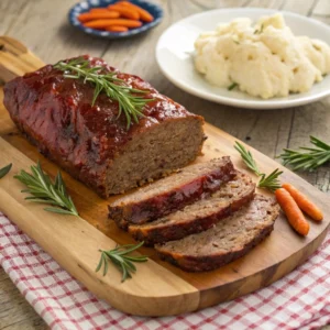 Juicy deer meatloaf sliced with a glossy glaze, served with mashed potatoes and roasted carrots on a wooden board