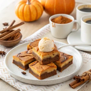 Sliced pumpkin cheesecake brownies served with vanilla ice cream on a fall-themed table.