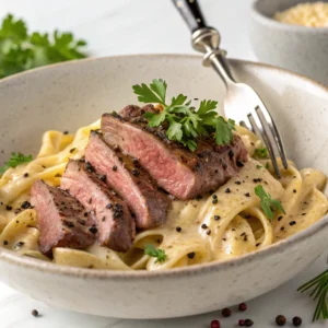  Plated steak pasta with creamy sauce, thin steak slices, and parsley garnish.