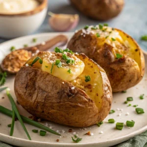 Close-up of perfectly baked potatoes with crispy golden skin and steam rising.