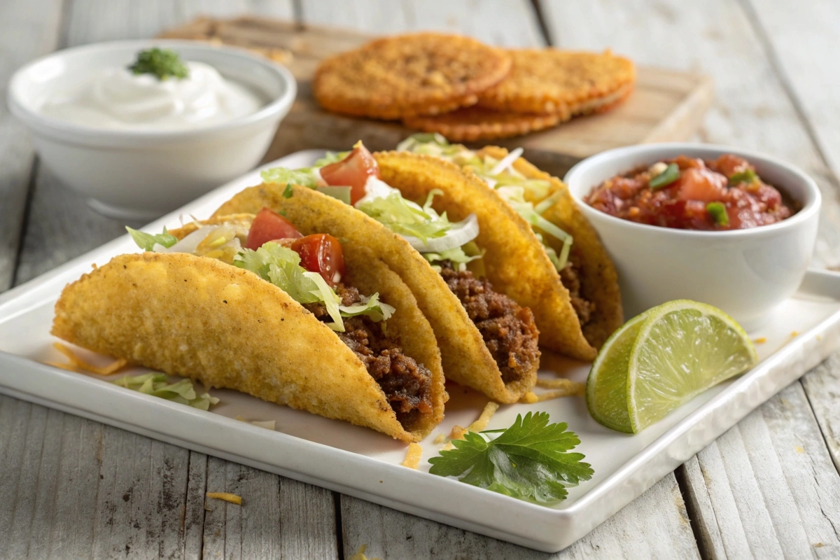 A plate of crispy fried tacos topped with lettuce, tomatoes, cheese, and sour cream, served with lime wedges and salsa. 