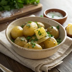 Boiled small potatoes garnished with butter and parsley in a ceramic bowl.